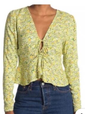 AFRM Yellow Floral Tie-Front Long Sleeve Blouse